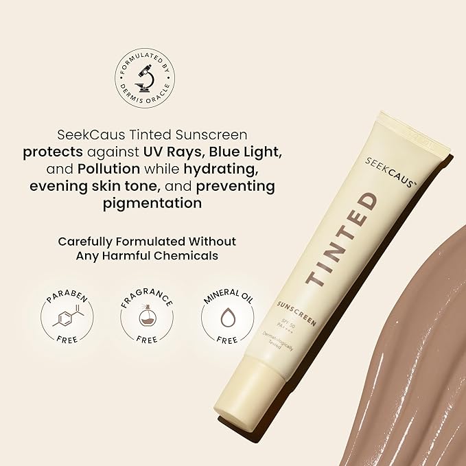 Seekcaus SPF 50 PA++++ Tinted Crème Sunscreen.