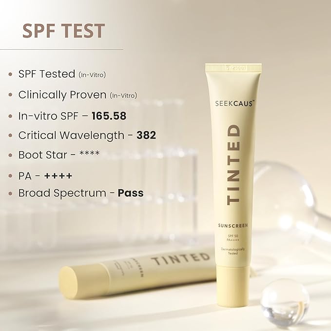 Seekcaus SPF 50 PA++++ Tinted Crème Sunscreen.
