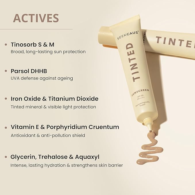 Seekcaus SPF 50 PA++++ Tinted Crème Sunscreen.