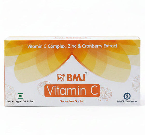 A box of BMJ Vitamin C sugar free sachets, featuring a white background with orange and yellow graphic accents and text detailing the product ingredients.