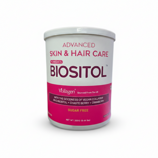 Front packaging of Yumedics Biositol Advanced Skin Hair Care powder featuring Vollagen Myo-Inositol and ChasteBerry.This 200gm container is sugar-free and includes vegan collagen sourced from the UK.