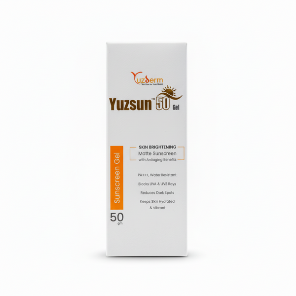 Front view of Yuzsun SPF 50 Sunscreen Gel packaging highlighting PA+++ protection and Matte Finish