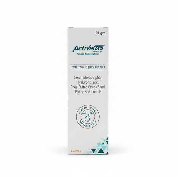 Front view of Active MF Activated Moisturising Cream 100g tube with Hyaluronic Acid.
