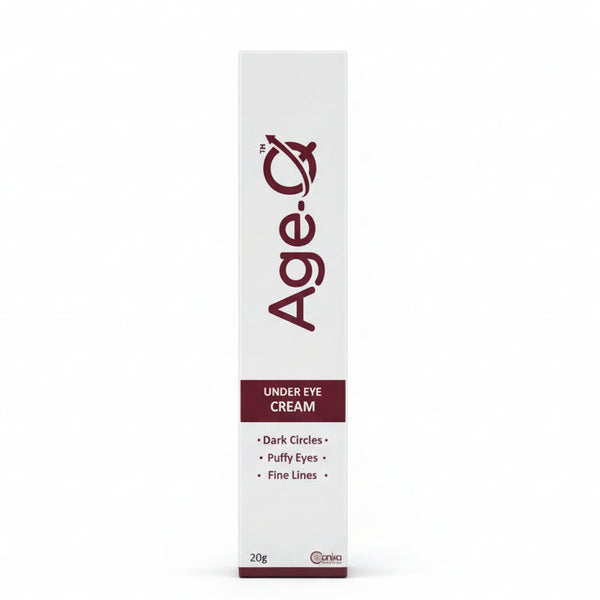 Front view of Age-Q Under Eye Cream 20g tube for dark circles and puffiness.