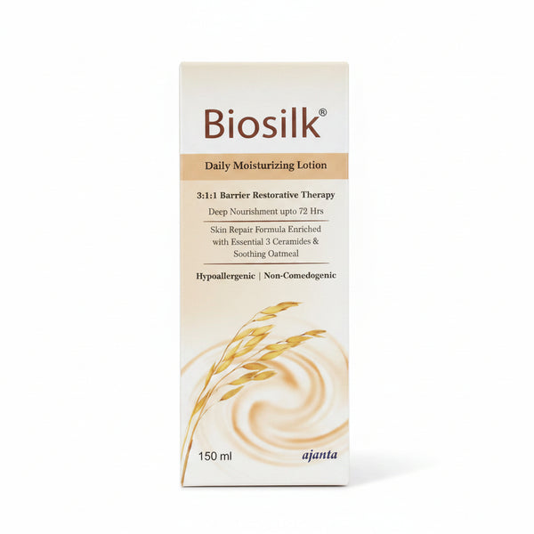 Front view of outer box for Ajanta Biosilk Daily Moisturizing Lotion 150ml featuring 3:1:1 barrier restorative therapy with ceramides and oatmeal.