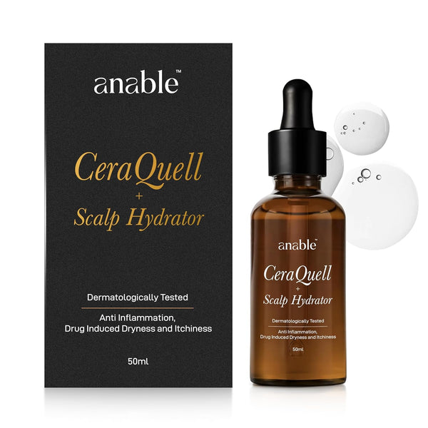 Front view of Anable CeraQuell Scalp Hydrator 50ml amber dropper bottle next to its sleek black outer carton packaging with clear liquid droplets.