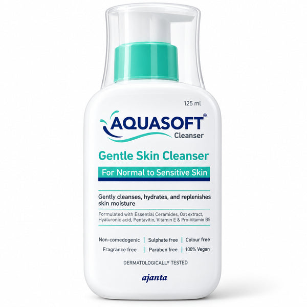 Front view of Aquasoft Gentle Skin Cleanser 125ml pump bottle by Ajanta Pharma for normal to sensitive skin featuring ceramides, oat extract, and hyaluronic acid.