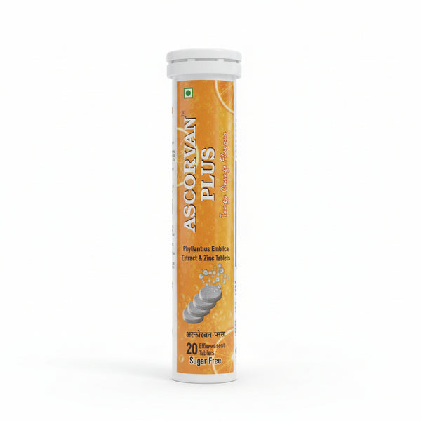Front packaging of Ascorvan Plus sugar-free effervescent tablets with Amla and Zinc.
