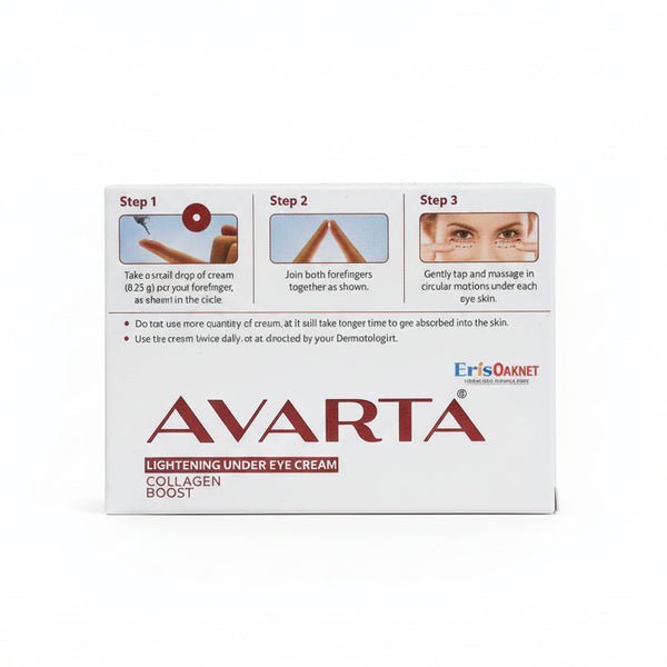 Front view of Avarta Under Eye Cream 10g tube by Eris Oaknet Healthcare.
