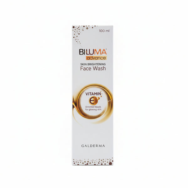 Front view of Biluma Advance Skin Brightening Face Wash 100ml with Vitamin E beads.