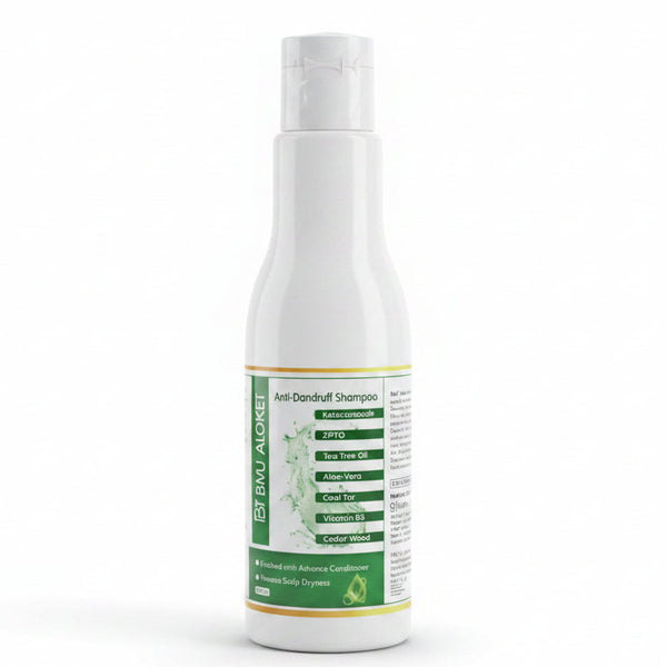 Front view of BMJ Aloket Anti-Dandruff Shampoo 100ml bottle highlighting key ingredients.