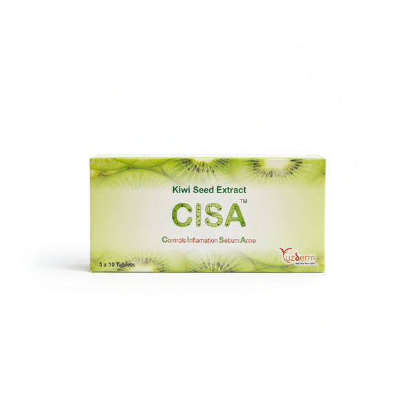 Front packaging of CISA Kiwi Seed Extract tablets for acne and sebum control.