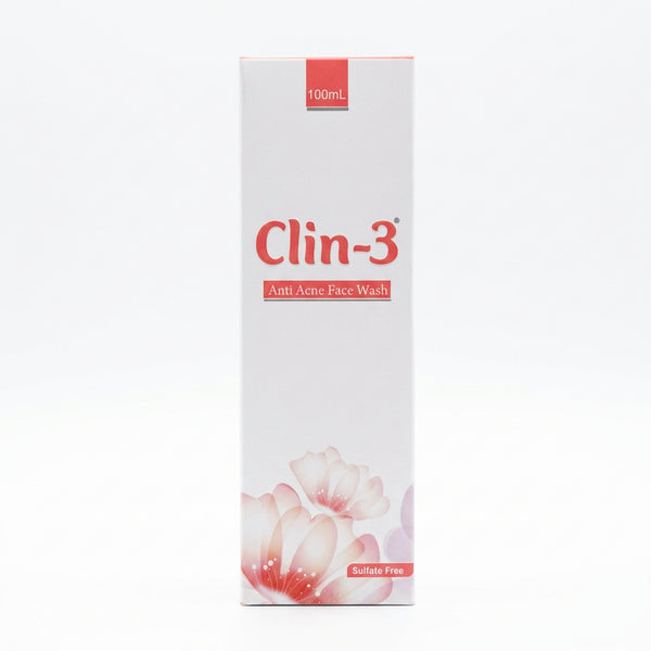 Front view of Clin-3 Anti Acne Foaming Face Wash 100ml outer box showing sulfate-free formulation claim.