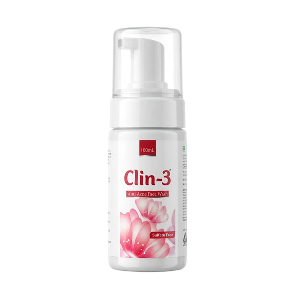 Front view of Clin-3 Anti Acne Foaming Face Wash pump bottel 100ml showing sulfate-free formulation claim.
