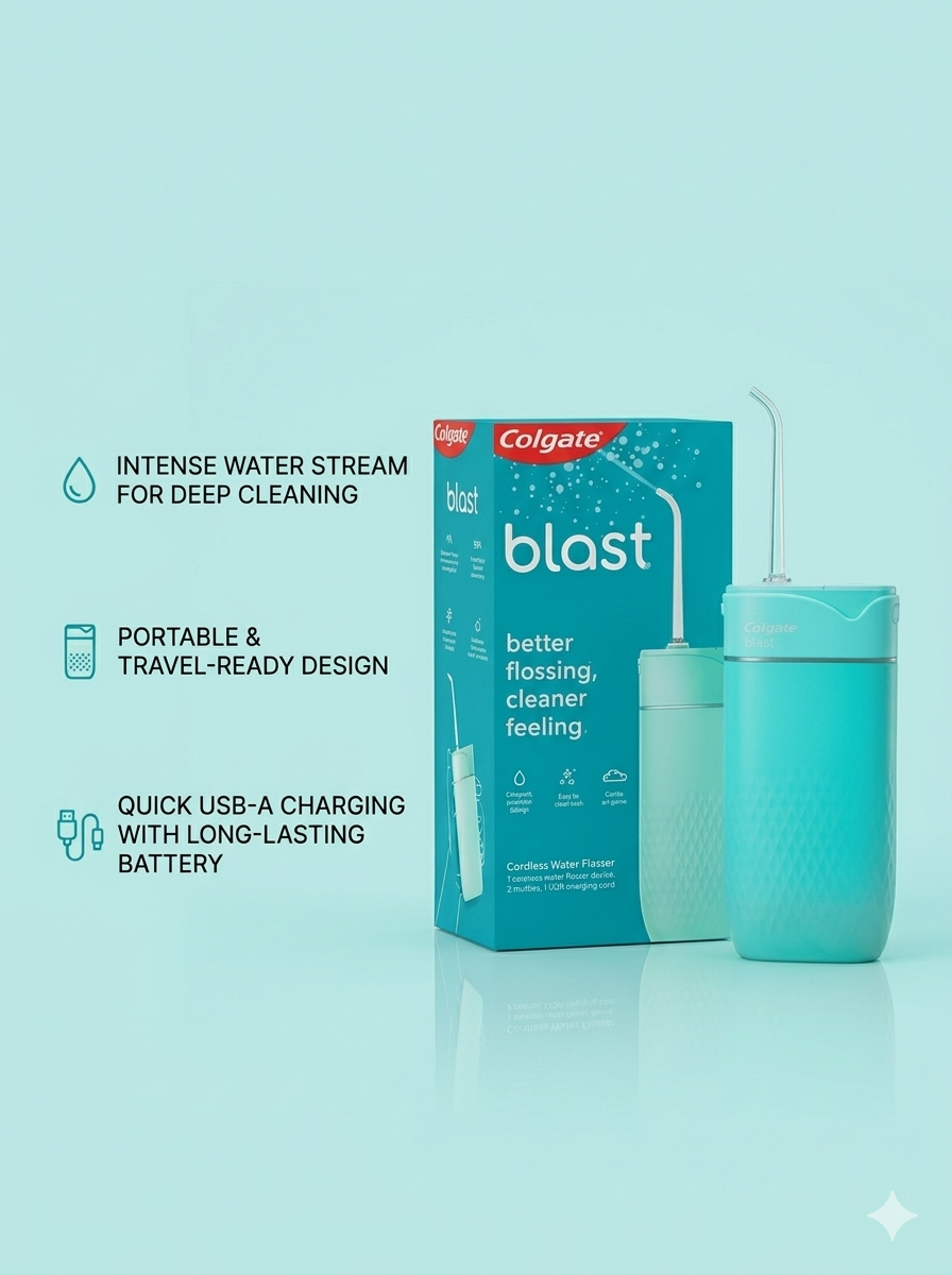 Colgate Blast Water Flosser – Intense Water Stream for Deep Cleaning, Portable & Travel-Ready, Quick USB-A Charging with Long-Lasting Battery | Medcart Healthcare
