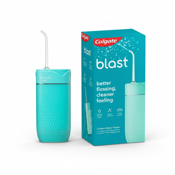 Front view of the Colgate Blast Water Flosser in Teal showing the ergonomic handle and nozzle.