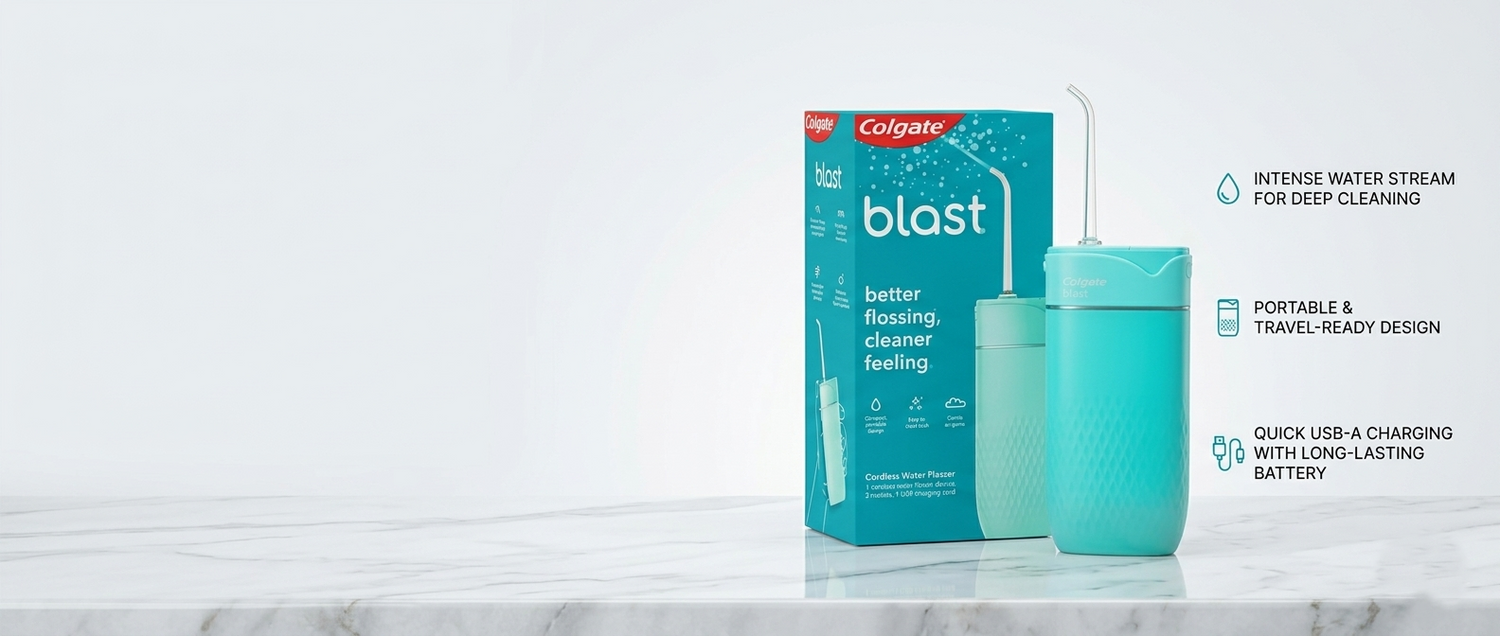 Colgate Blast Water Flosser – Intense Water Stream for Deep Cleaning, Portable & Travel-Ready, Quick USB-A Charging with Long-Lasting Battery | Medcart Healthcare
