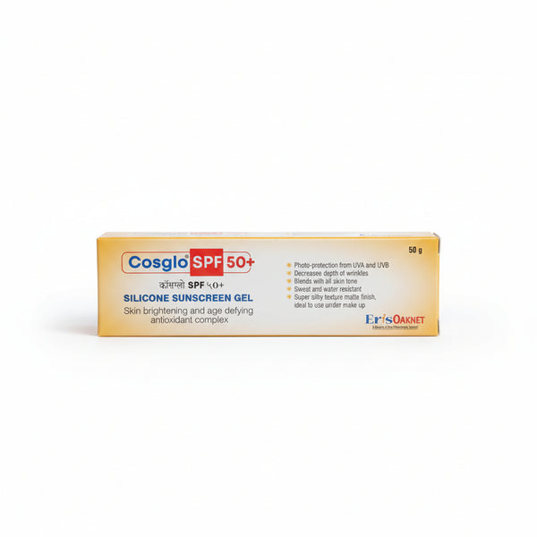 Front packaging of Cosglo Silicone Sunscreen Gel SPF 50+ showing broad-spectrum protection.