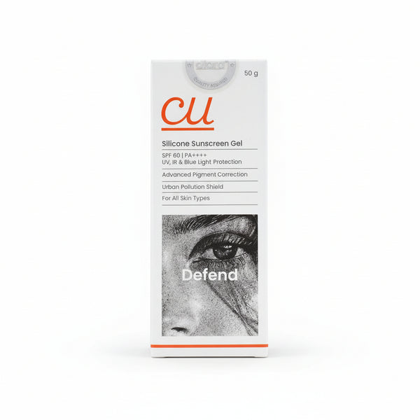 Front view of CU Silicone Sunscreen Gel SPF 60 PA++++ with Tinosorb filters.