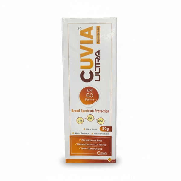 Front Packaging Cuvia Ultra SPF 60 PA+++ Sunscreen Gel 50 GM with its kety features