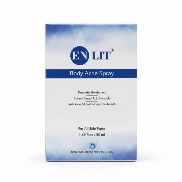 Front view of Enlit Prebiotic Body Acne Spray 50ml for back and chest acne.