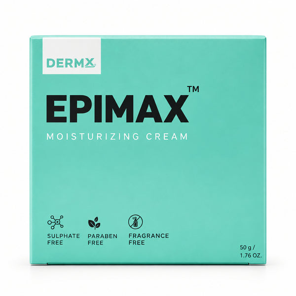 Front view of DermX Epimax Moisturizing Cream 50g box highlighting fragrance-free features.