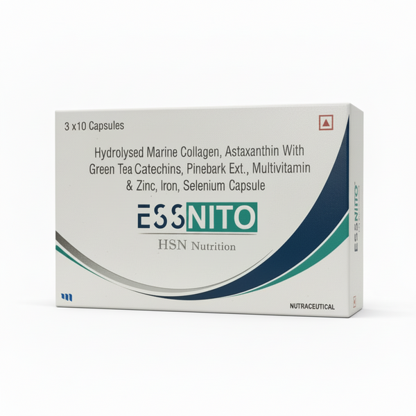 Front view of Essnito HSN Nutrition box showing 30 capsules and key ingredients.