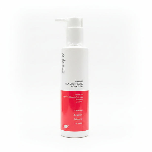 Front packaging of Ethiglo Intense Skin Brightening Body Wash 180ml pump bottle by UBIK highlighting cleanses, exfoliates, brightens, and hydrates.