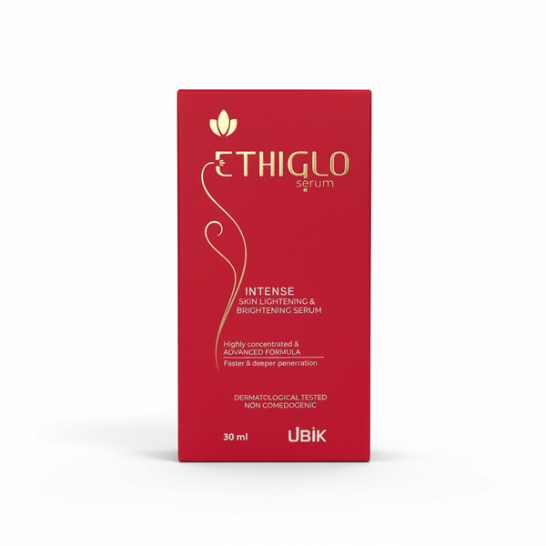 Front view of Ethiglo Intense Skin Lightening and Brightening Serum bottle.