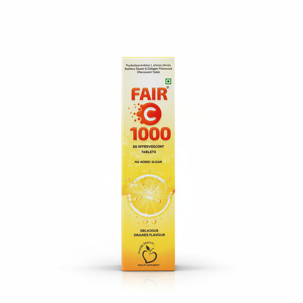Front view of Fair-C 1000 Effervescent Tablets tube for immunity and skin health.