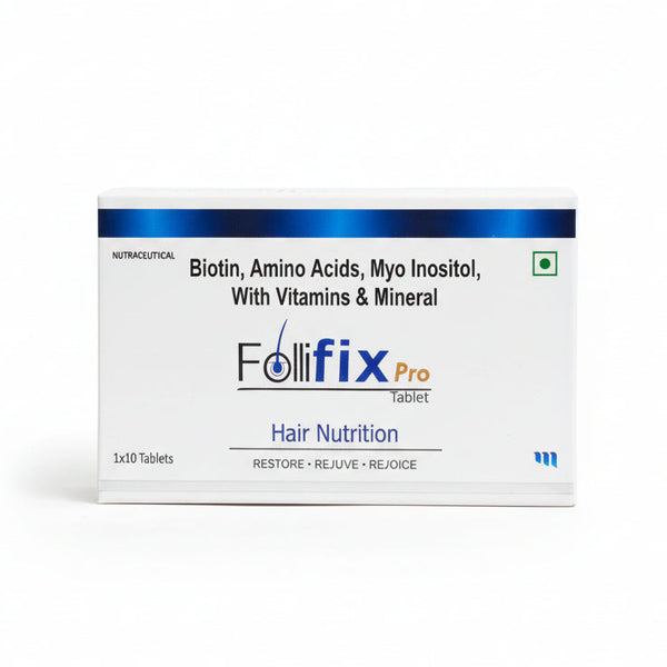 Front view of Follifix Pro Hair Nutrition Tablets box for hair restoration and rejuvenation