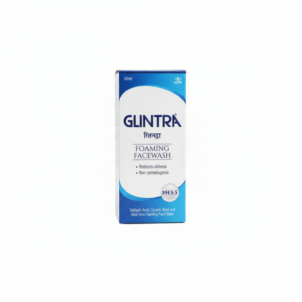 Front view of Glintra Foaming Face Wash 50ml bottle for oil control and pH balance.
