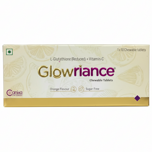 Front view of Glowriance Chewable Tablets packaging in orange flavor and sugar-free.