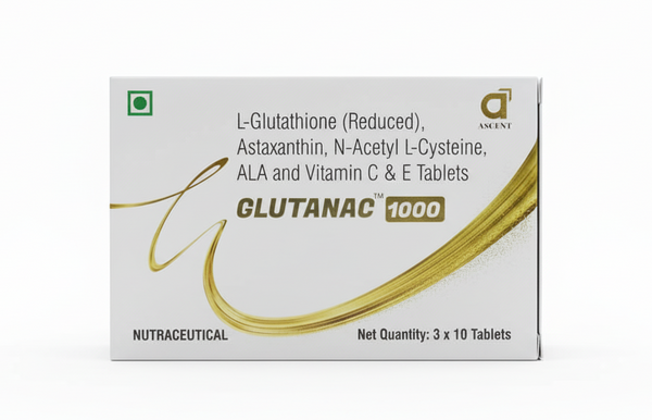 Front view of Glutanac 1000 Nutraceutical Tablets box with 30 tablets.