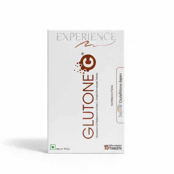Alt Text: Front view of Glutone C box featuring Setria Glutathione Japan and Phyllanthus Emblica L. Extract effervescent tablets.