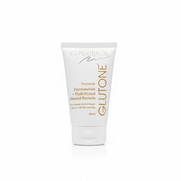 Front view of Glutone Facewash 100 ml tube displaying Dermawhite and Hydrolyzed Almond Protein for safe skin lightening.