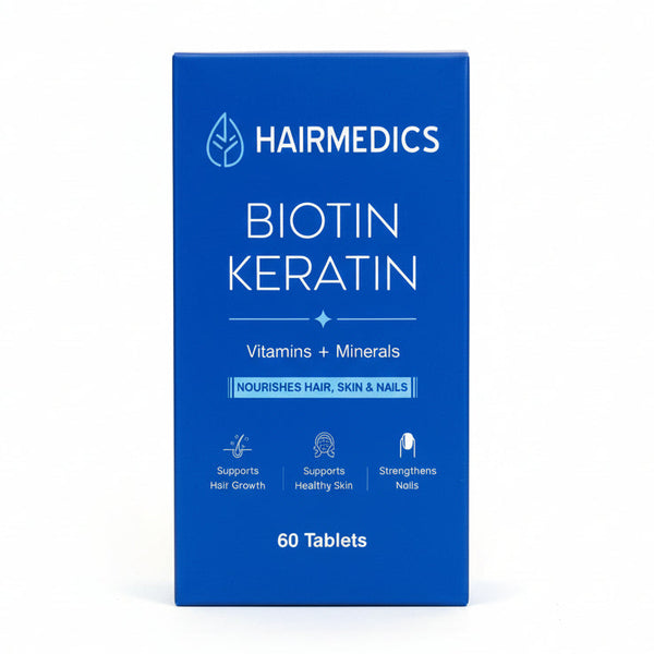 Front view of Hairmedics Biotin Keratin 60 Tablets for hair skin and nails.