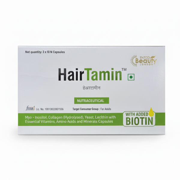 Front packaging of Hairtamin Nutraceutical Capsules for hair growth and strength.