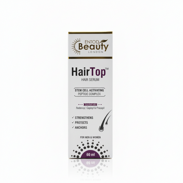 Front view of Hairtop Hair Serum bottle showing Stem Cell Activating Peptide Complex.
