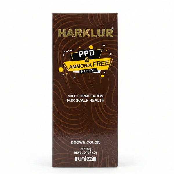 Front view of Harklur PPD and Ammonia Free Hair Dye box in Brown color by Uniza highlighting mild scalp health claims.