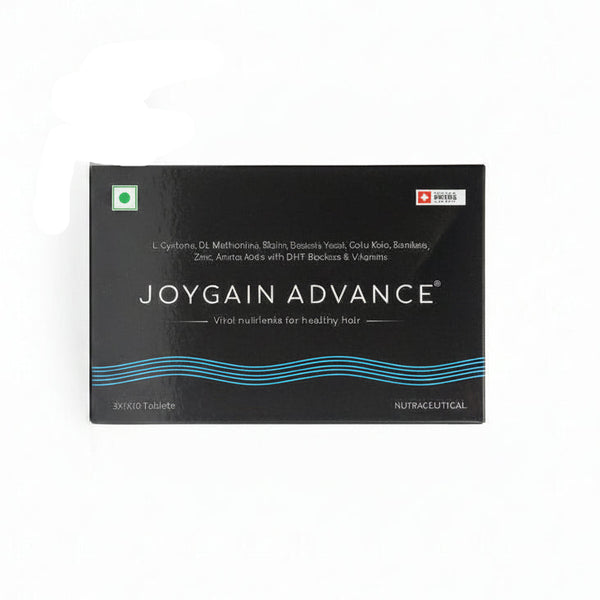 Front view of Joygain Advance Hair Vitality tablets with Swiss ingredients.