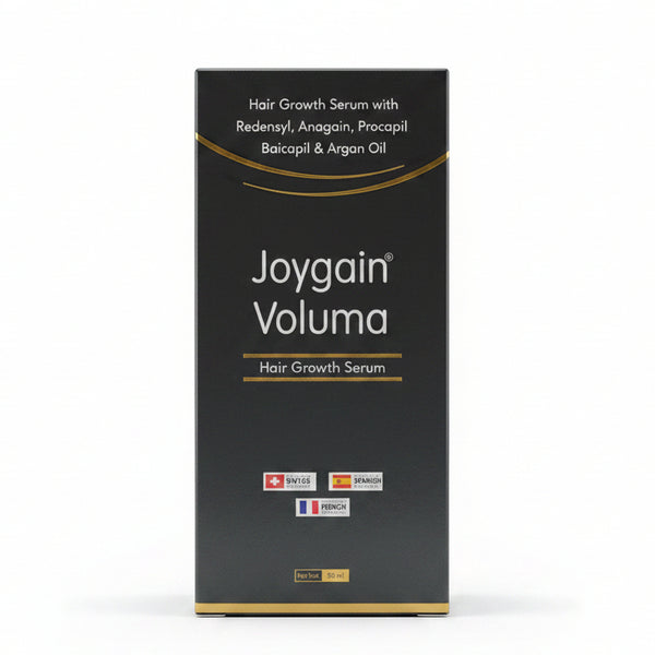 Front view of Joygain Voluma Hair Growth Serum 50ml box highlighting Redensyl, Anagain, Procapil, Baicapil, and Argan Oil claims.