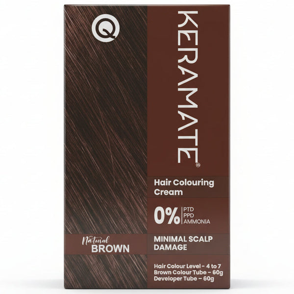 Front view of Keramate Hair Colour Natural Brown packaging showing gray coverage.