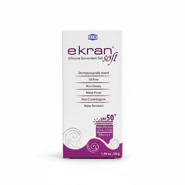 KLM Ekran Soft Silicone Sunscreen Gel SPF 50 PA++++ 50g Outer Box Front - Medcart Healthcare