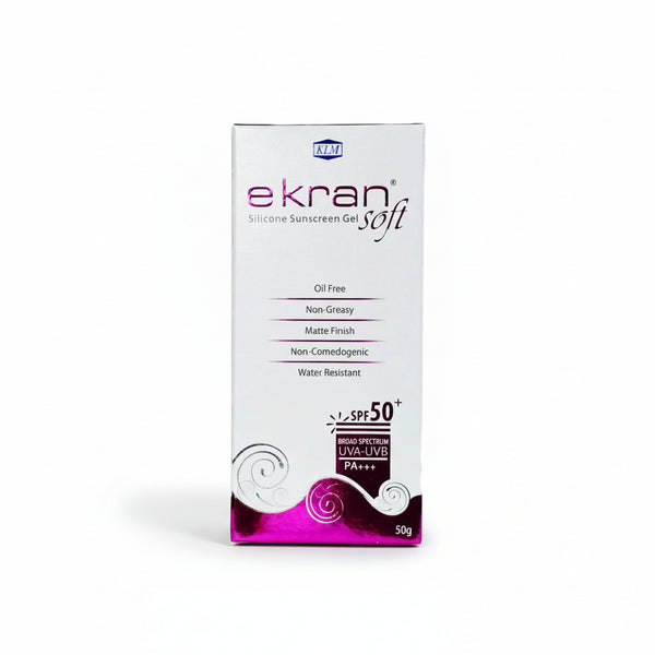 Front view of Ekran Soft Silicone Sunscreen Gel SPF 50+ 50g box showing broad-spectrum UVA-UVB protection and PA+++ rating.