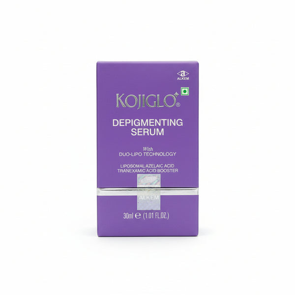 Front view of Kojiglo Depigmenting Serum 30ml bottle for dark spots and melasma.