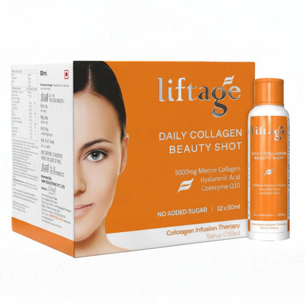 front view of Liftage Daily Collagen Beauty Shot box containing 12 orange-flavored shots.