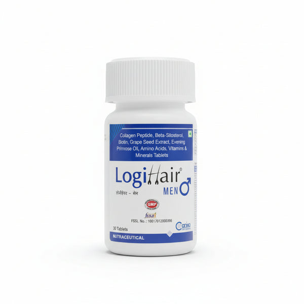 Front view of Logihair Men nutraceutical tablets for hair vitality.