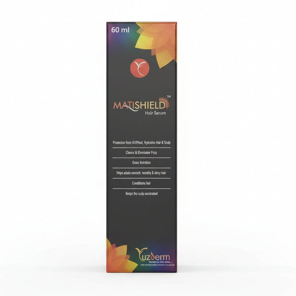 Front view of Matishield Hair Serum box highlighting UV protection and frizz control.