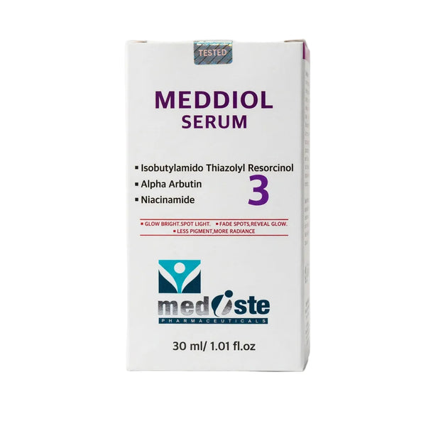 Front view of Meddiol Serum 30ml outer box featuring Isobutylamido Thiazolyl Resorcinol, Alpha Arbutin, and Niacinamide.